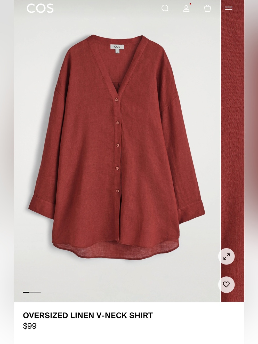 COS Womenโs Oversized Linen Button-Down Shirt in Rust